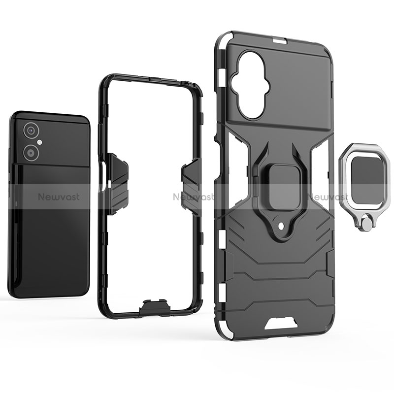 Silicone Matte Finish and Plastic Back Cover Case with Magnetic Finger Ring Stand for Xiaomi Poco M4 5G