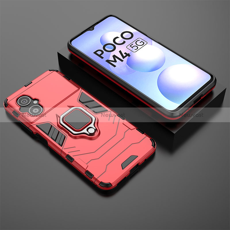 Silicone Matte Finish and Plastic Back Cover Case with Magnetic Finger Ring Stand for Xiaomi Poco M4 5G Red