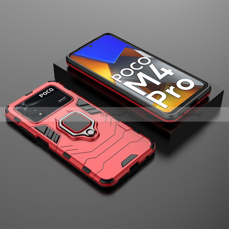 Silicone Matte Finish and Plastic Back Cover Case with Magnetic Finger Ring Stand for Xiaomi Poco M4 Pro 4G