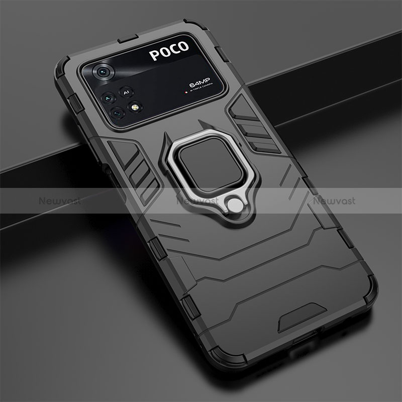 Silicone Matte Finish and Plastic Back Cover Case with Magnetic Finger Ring Stand for Xiaomi Poco M4 Pro 4G