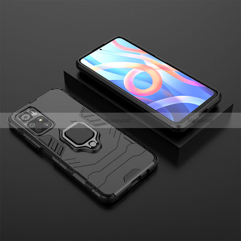 Silicone Matte Finish and Plastic Back Cover Case with Magnetic Finger Ring Stand for Xiaomi Poco M4 Pro 5G