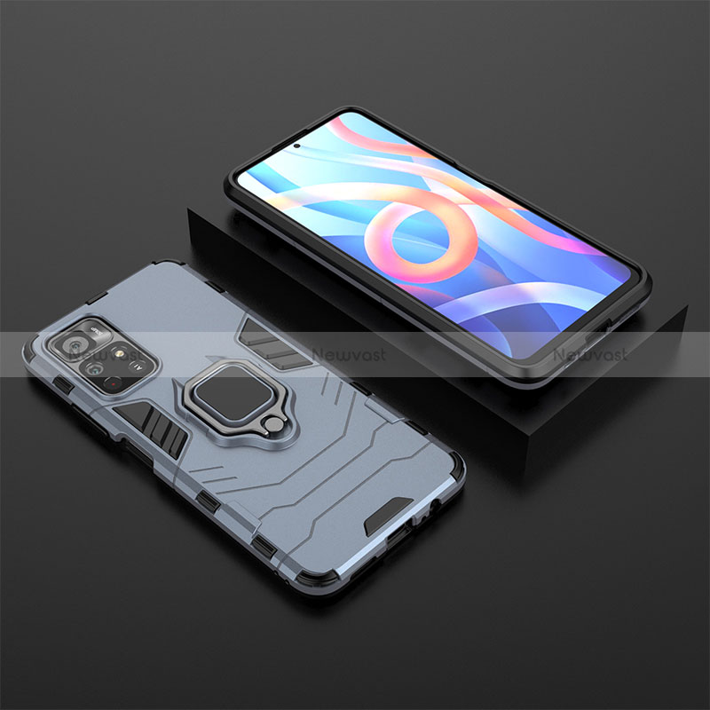 Silicone Matte Finish and Plastic Back Cover Case with Magnetic Finger Ring Stand for Xiaomi Poco M4 Pro 5G