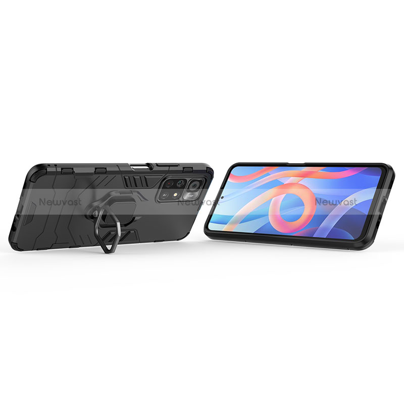 Silicone Matte Finish and Plastic Back Cover Case with Magnetic Finger Ring Stand for Xiaomi Poco M4 Pro 5G