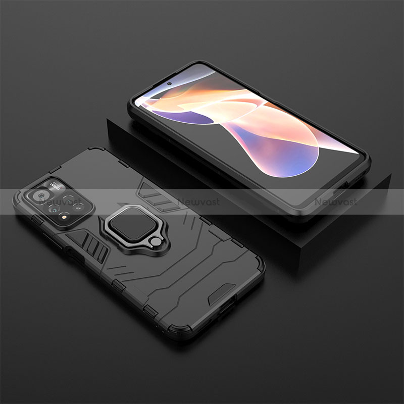 Silicone Matte Finish and Plastic Back Cover Case with Magnetic Finger Ring Stand for Xiaomi Poco X4 NFC Black