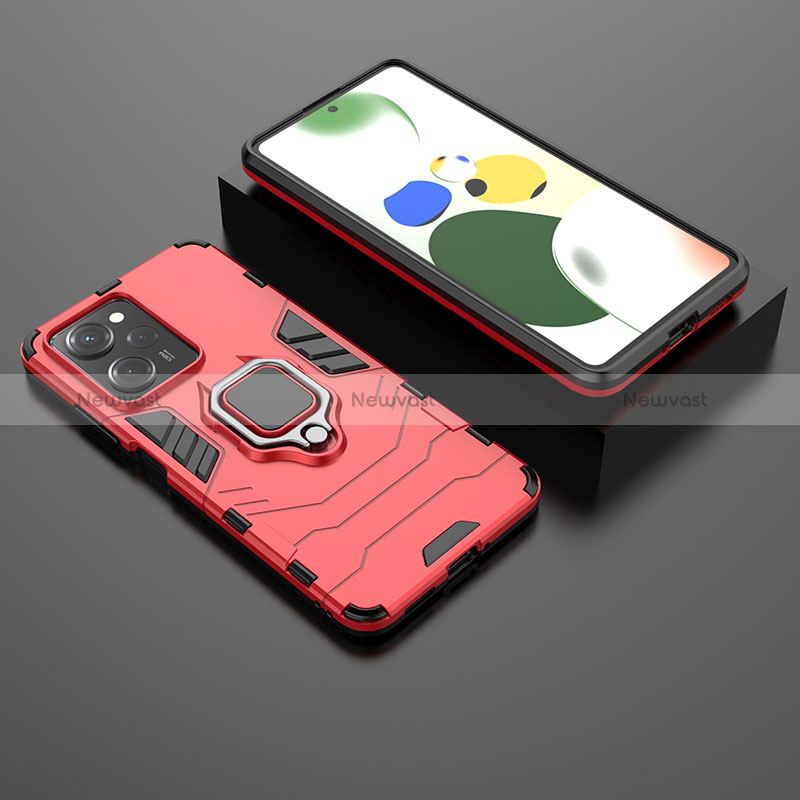 Silicone Matte Finish and Plastic Back Cover Case with Magnetic Finger Ring Stand for Xiaomi Poco X5 Pro 5G Red