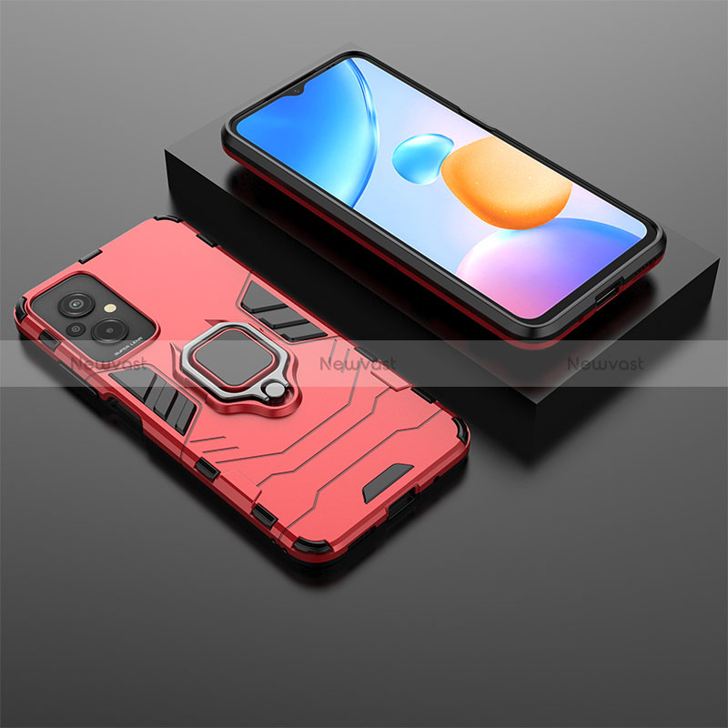 Silicone Matte Finish and Plastic Back Cover Case with Magnetic Finger Ring Stand for Xiaomi Redmi 11 Prime 4G Red