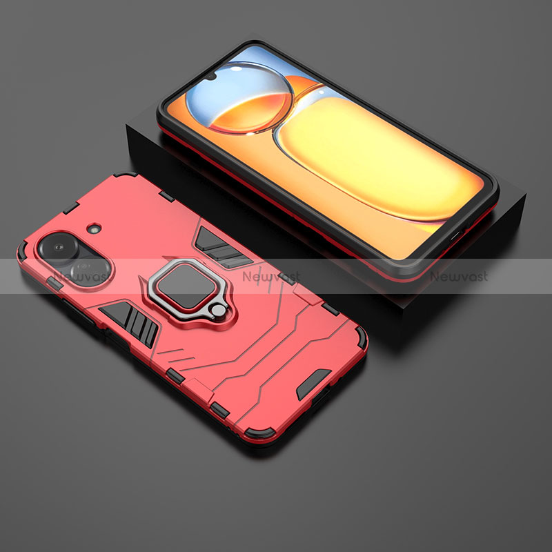 Silicone Matte Finish and Plastic Back Cover Case with Magnetic Finger Ring Stand for Xiaomi Redmi 13C