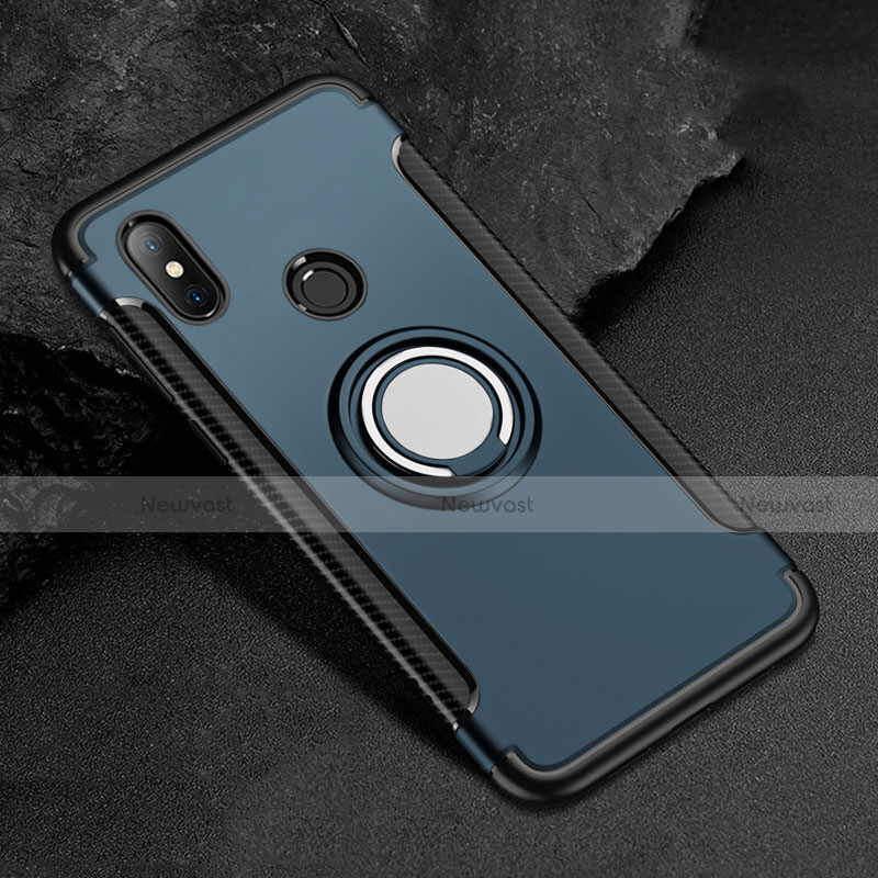 Silicone Matte Finish and Plastic Back Cover Case with Magnetic Finger Ring Stand for Xiaomi Redmi 6 Pro Blue