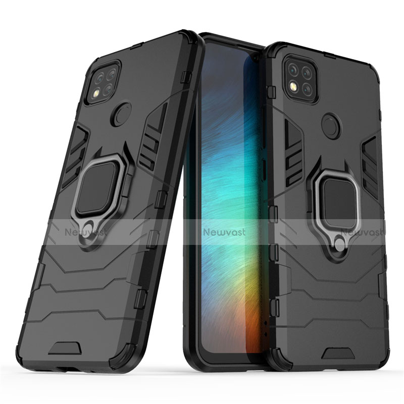 Silicone Matte Finish and Plastic Back Cover Case with Magnetic Finger Ring Stand for Xiaomi Redmi 9 India