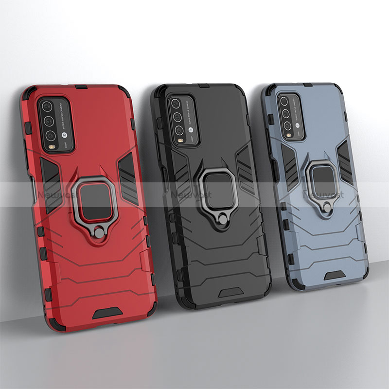 Silicone Matte Finish and Plastic Back Cover Case with Magnetic Finger Ring Stand for Xiaomi Redmi 9 Power