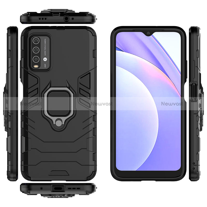 Silicone Matte Finish and Plastic Back Cover Case with Magnetic Finger Ring Stand for Xiaomi Redmi 9 Power