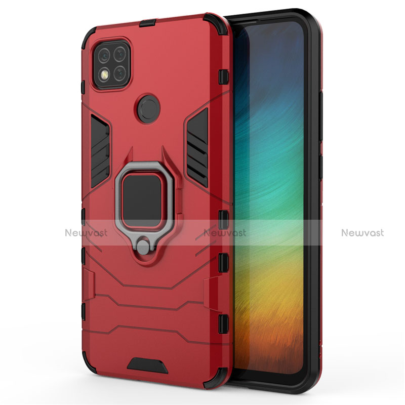 Silicone Matte Finish and Plastic Back Cover Case with Magnetic Finger Ring Stand for Xiaomi Redmi 9C NFC Red