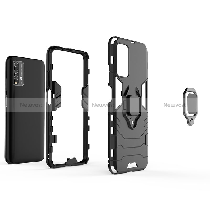 Silicone Matte Finish and Plastic Back Cover Case with Magnetic Finger Ring Stand for Xiaomi Redmi 9T 4G