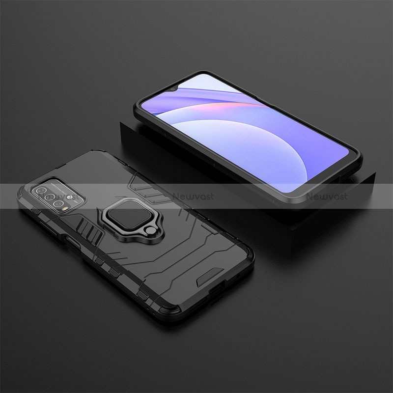 Silicone Matte Finish and Plastic Back Cover Case with Magnetic Finger Ring Stand for Xiaomi Redmi 9T 4G Black