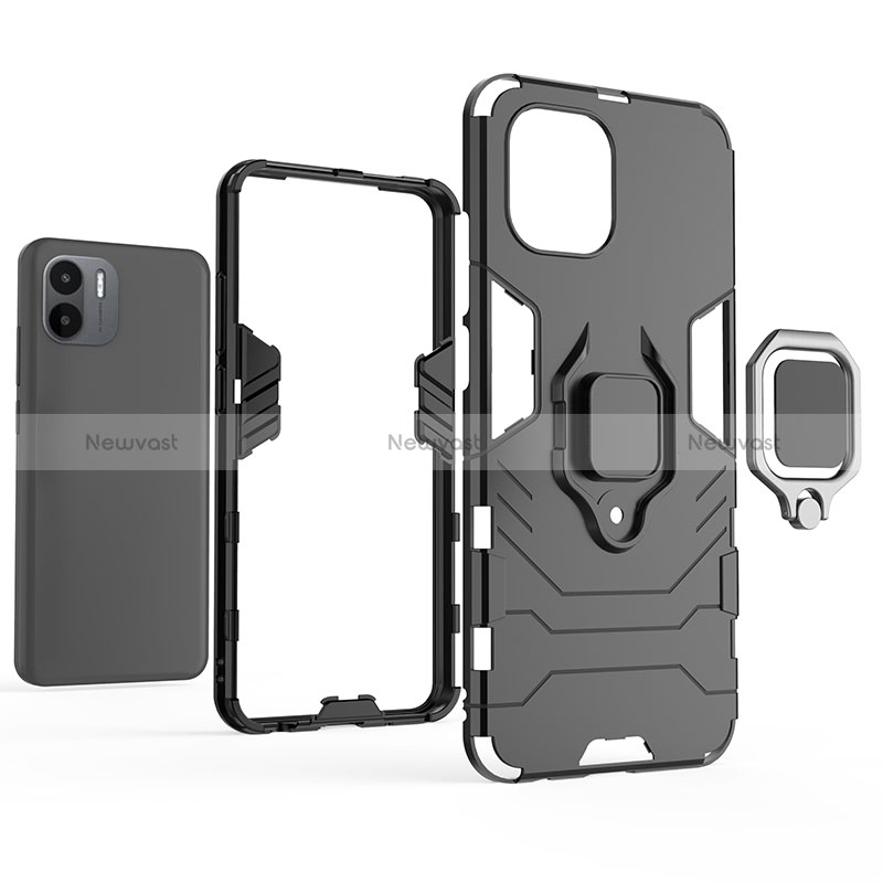 Silicone Matte Finish and Plastic Back Cover Case with Magnetic Finger Ring Stand for Xiaomi Redmi A2