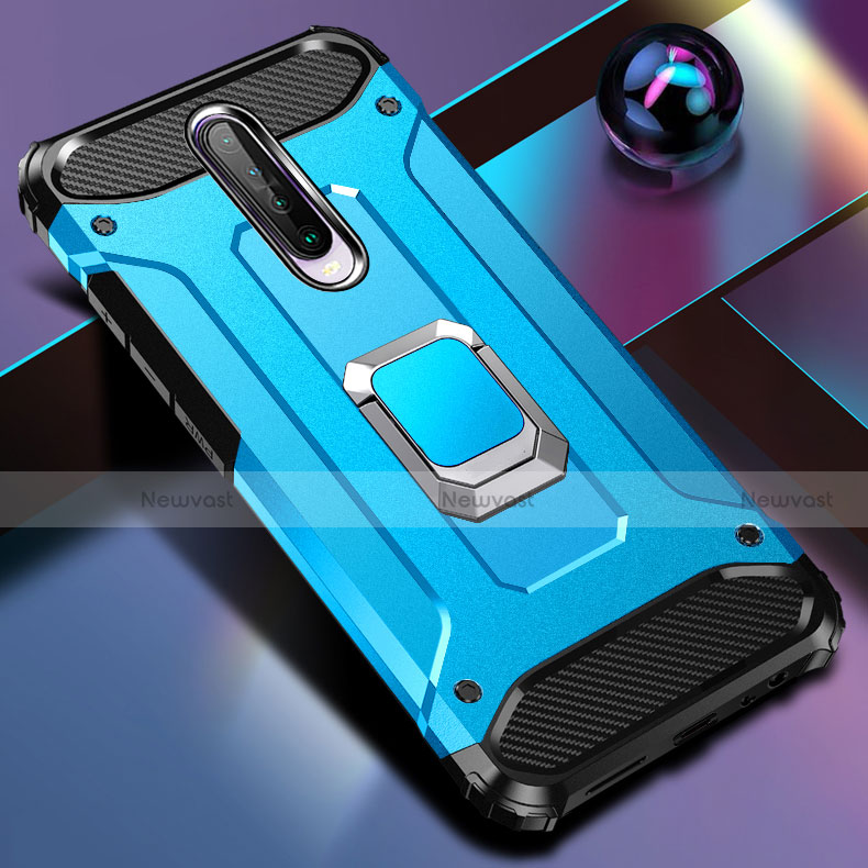 Silicone Matte Finish and Plastic Back Cover Case with Magnetic Finger Ring Stand for Xiaomi Redmi K30 4G Sky Blue