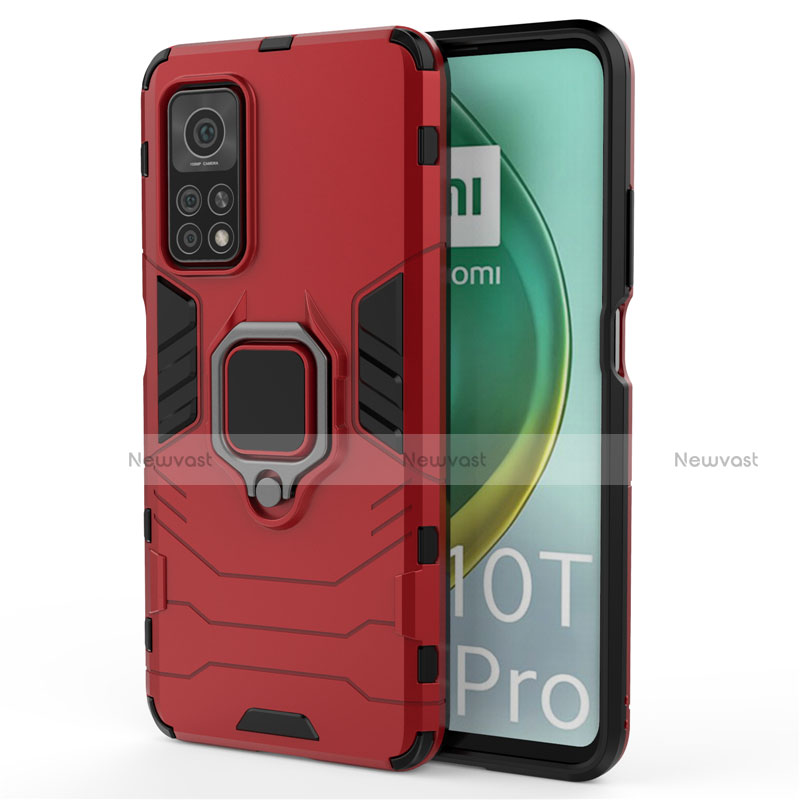 Silicone Matte Finish and Plastic Back Cover Case with Magnetic Finger Ring Stand for Xiaomi Redmi K30S 5G Red