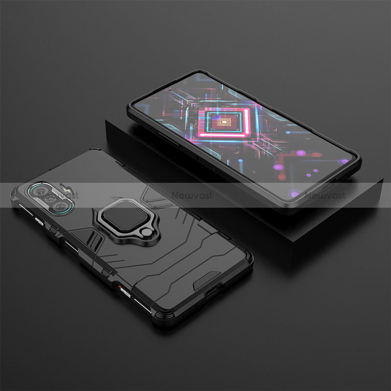 Silicone Matte Finish and Plastic Back Cover Case with Magnetic Finger Ring Stand for Xiaomi Redmi K40 Gaming 5G