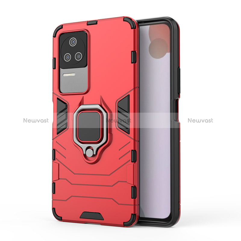 Silicone Matte Finish and Plastic Back Cover Case with Magnetic Finger Ring Stand for Xiaomi Redmi K50 5G Red