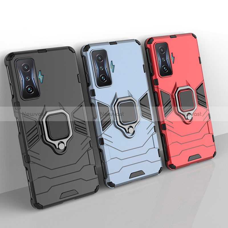 Silicone Matte Finish and Plastic Back Cover Case with Magnetic Finger Ring Stand for Xiaomi Redmi K50 Gaming 5G