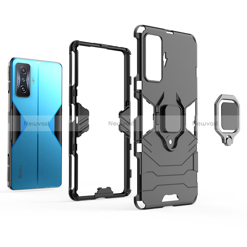 Silicone Matte Finish and Plastic Back Cover Case with Magnetic Finger Ring Stand for Xiaomi Redmi K50 Gaming AMG F1 5G