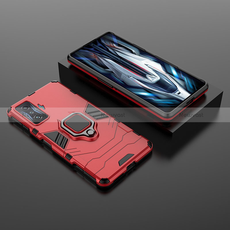 Silicone Matte Finish and Plastic Back Cover Case with Magnetic Finger Ring Stand for Xiaomi Redmi K50 Gaming AMG F1 5G Red