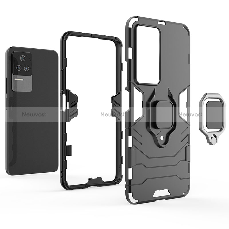 Silicone Matte Finish and Plastic Back Cover Case with Magnetic Finger Ring Stand for Xiaomi Redmi K50 Pro 5G