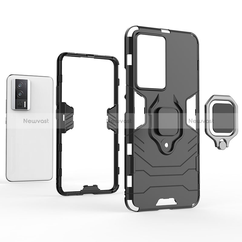 Silicone Matte Finish and Plastic Back Cover Case with Magnetic Finger Ring Stand for Xiaomi Redmi K60 5G