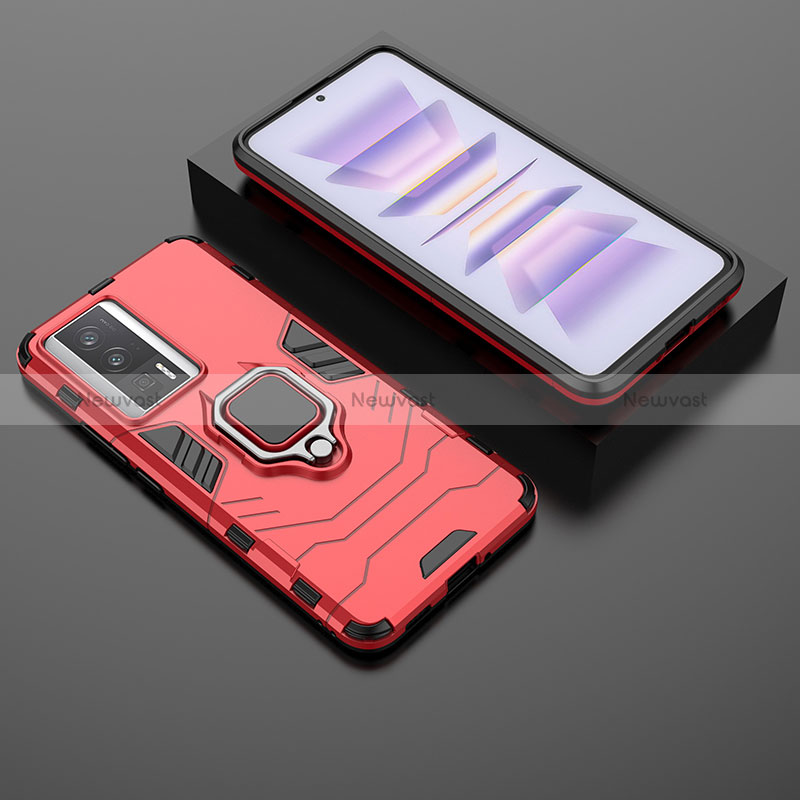 Silicone Matte Finish and Plastic Back Cover Case with Magnetic Finger Ring Stand for Xiaomi Redmi K60 5G Red