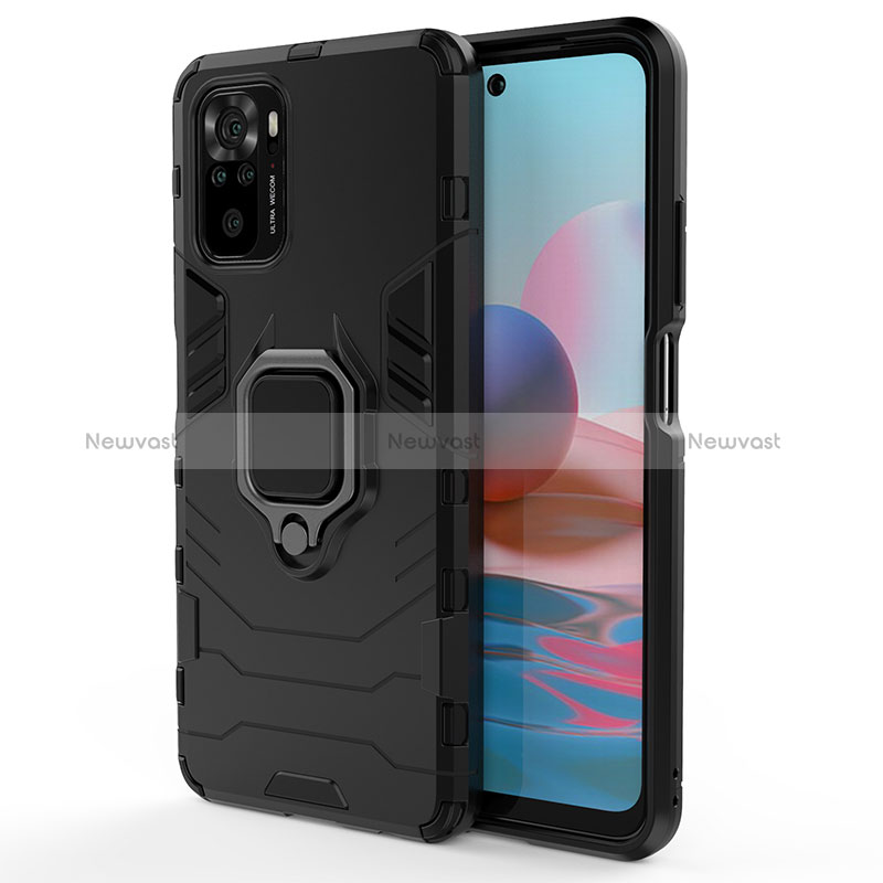 Silicone Matte Finish and Plastic Back Cover Case with Magnetic Finger Ring Stand for Xiaomi Redmi Note 10 4G