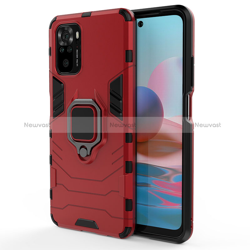 Silicone Matte Finish and Plastic Back Cover Case with Magnetic Finger Ring Stand for Xiaomi Redmi Note 10 4G