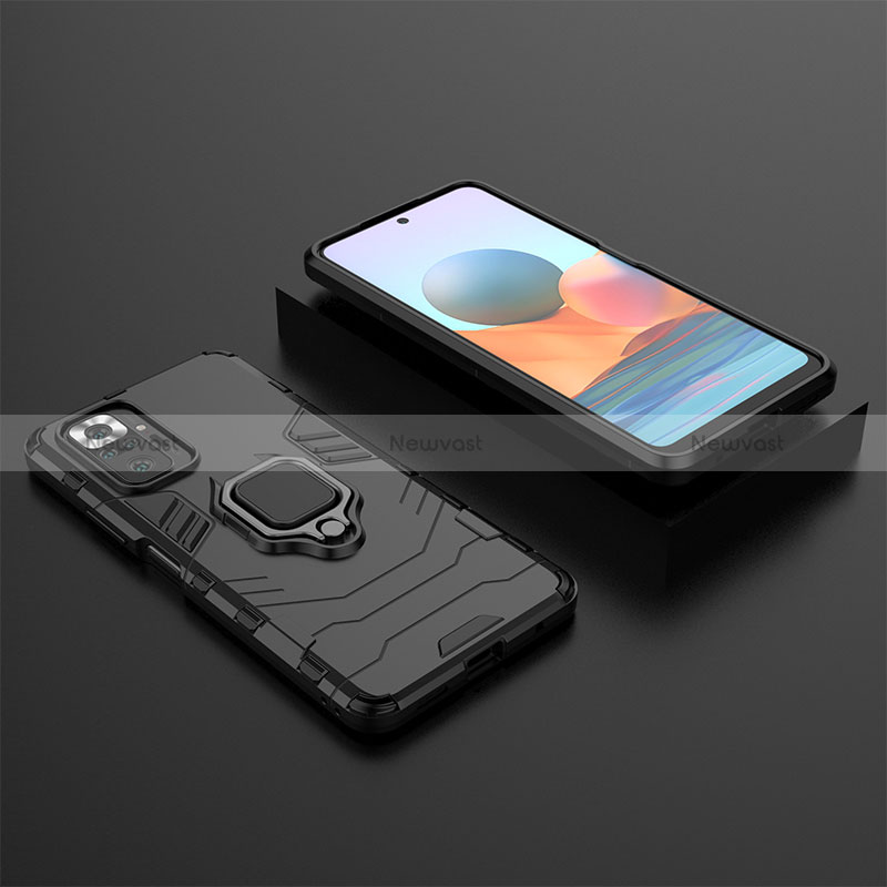 Silicone Matte Finish and Plastic Back Cover Case with Magnetic Finger Ring Stand for Xiaomi Redmi Note 10 Pro 4G Black