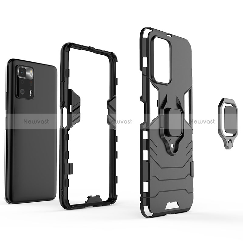Silicone Matte Finish and Plastic Back Cover Case with Magnetic Finger Ring Stand for Xiaomi Redmi Note 10 Pro 5G