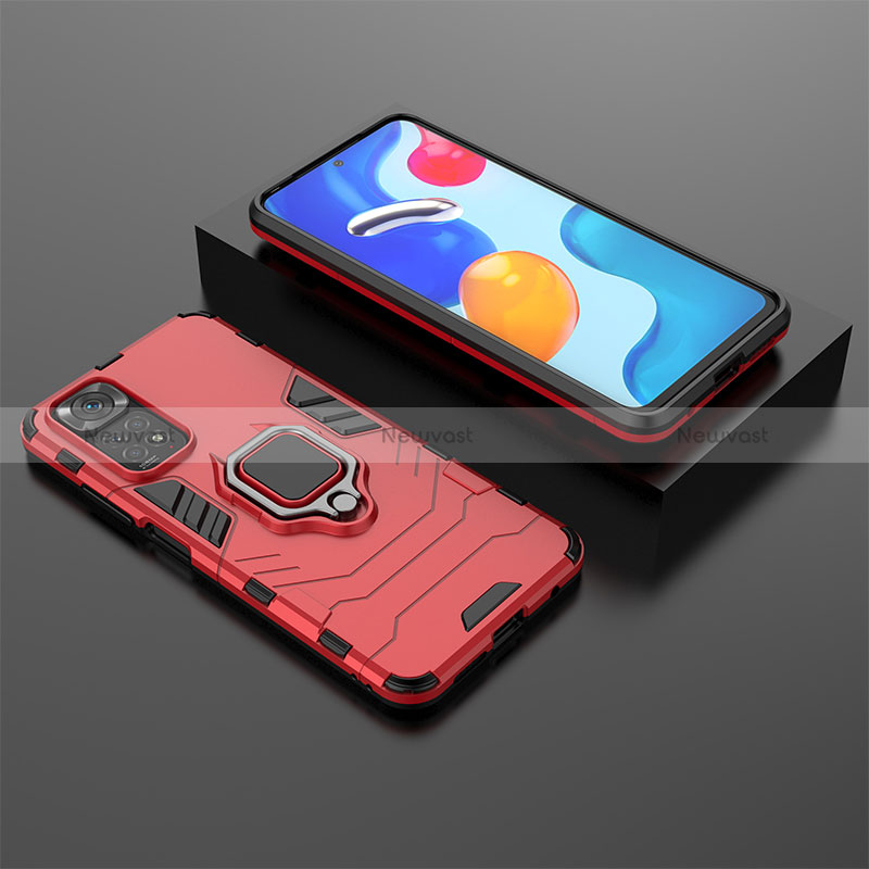 Silicone Matte Finish and Plastic Back Cover Case with Magnetic Finger Ring Stand for Xiaomi Redmi Note 11 4G (2022)