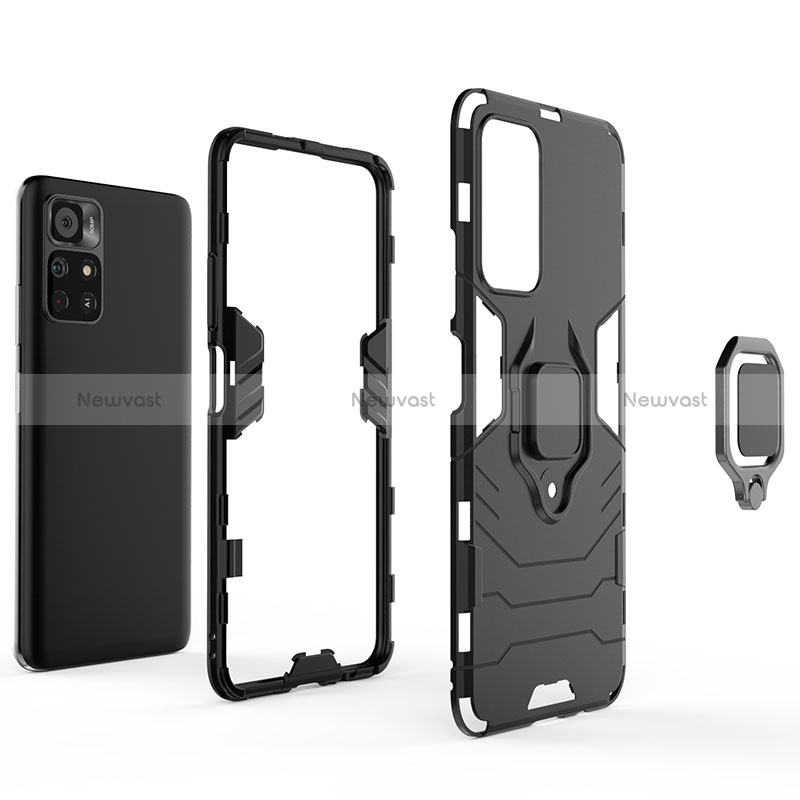 Silicone Matte Finish and Plastic Back Cover Case with Magnetic Finger Ring Stand for Xiaomi Redmi Note 11 5G