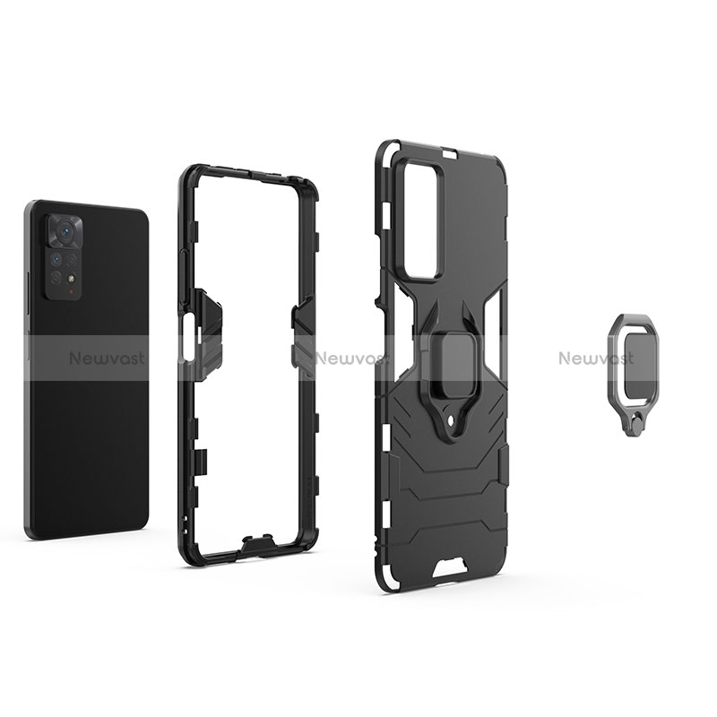 Silicone Matte Finish and Plastic Back Cover Case with Magnetic Finger Ring Stand for Xiaomi Redmi Note 11 Pro 4G