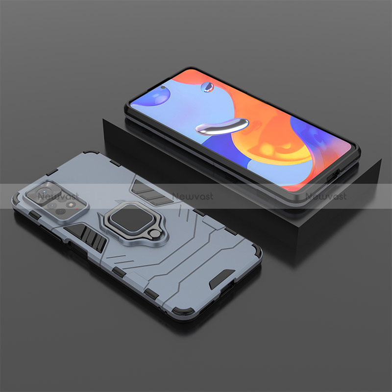 Silicone Matte Finish and Plastic Back Cover Case with Magnetic Finger Ring Stand for Xiaomi Redmi Note 11 Pro 5G Blue
