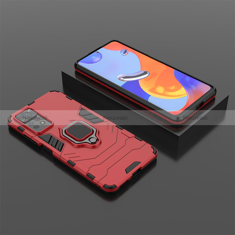 Silicone Matte Finish and Plastic Back Cover Case with Magnetic Finger Ring Stand for Xiaomi Redmi Note 11 Pro 5G Red