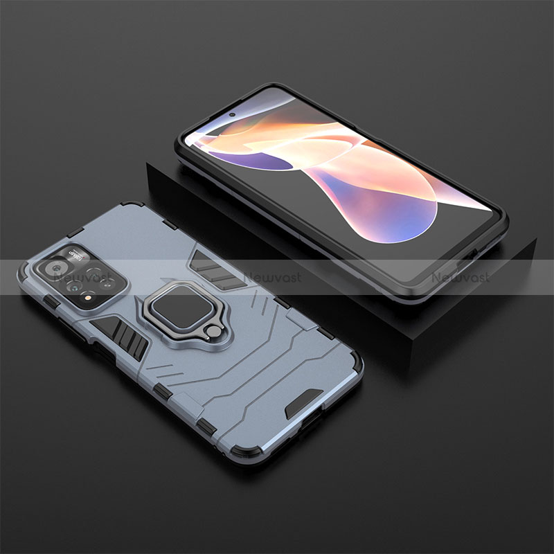 Silicone Matte Finish and Plastic Back Cover Case with Magnetic Finger Ring Stand for Xiaomi Redmi Note 11 Pro+ Plus 5G