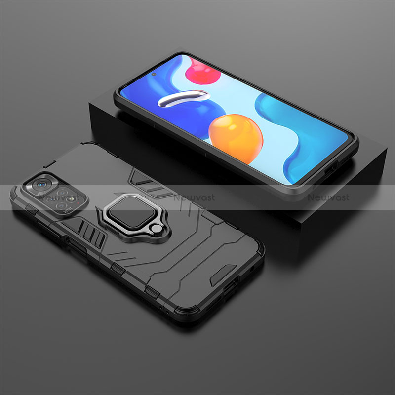 Silicone Matte Finish and Plastic Back Cover Case with Magnetic Finger Ring Stand for Xiaomi Redmi Note 11S 4G