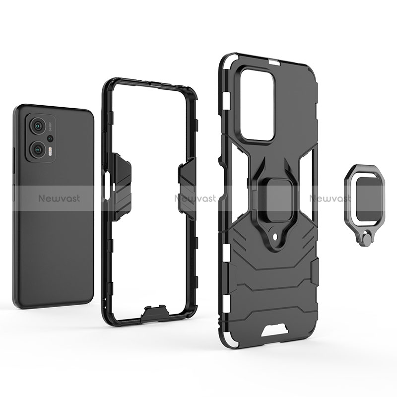 Silicone Matte Finish and Plastic Back Cover Case with Magnetic Finger Ring Stand for Xiaomi Redmi Note 11T Pro 5G
