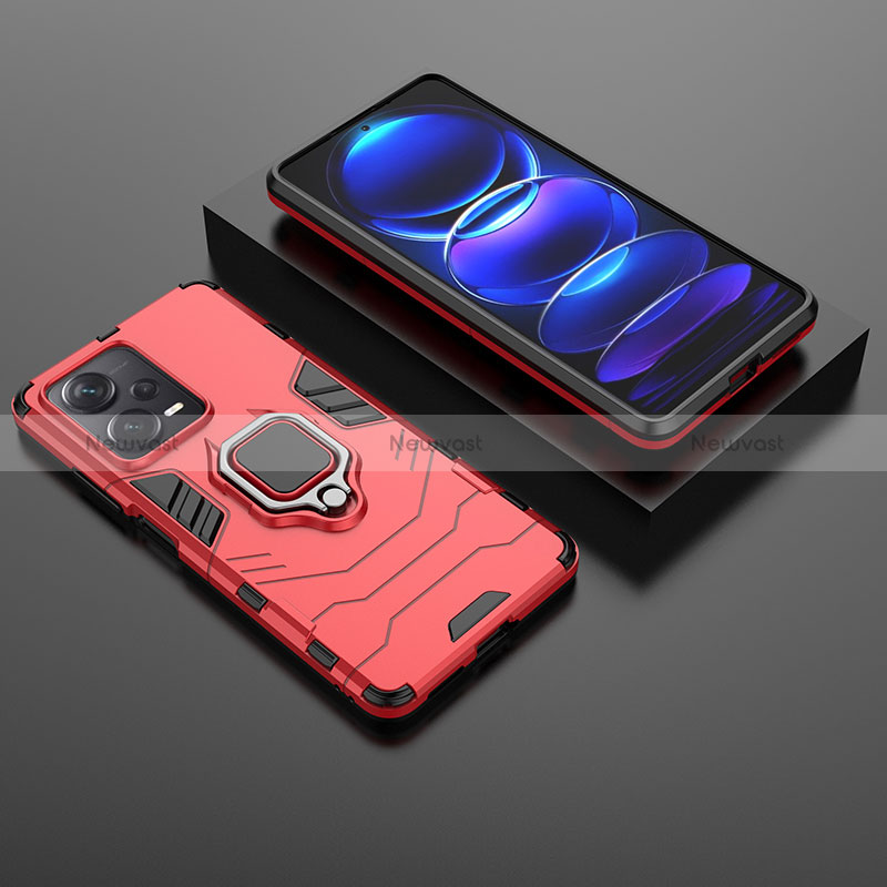 Silicone Matte Finish and Plastic Back Cover Case with Magnetic Finger Ring Stand for Xiaomi Redmi Note 12 Explorer Red