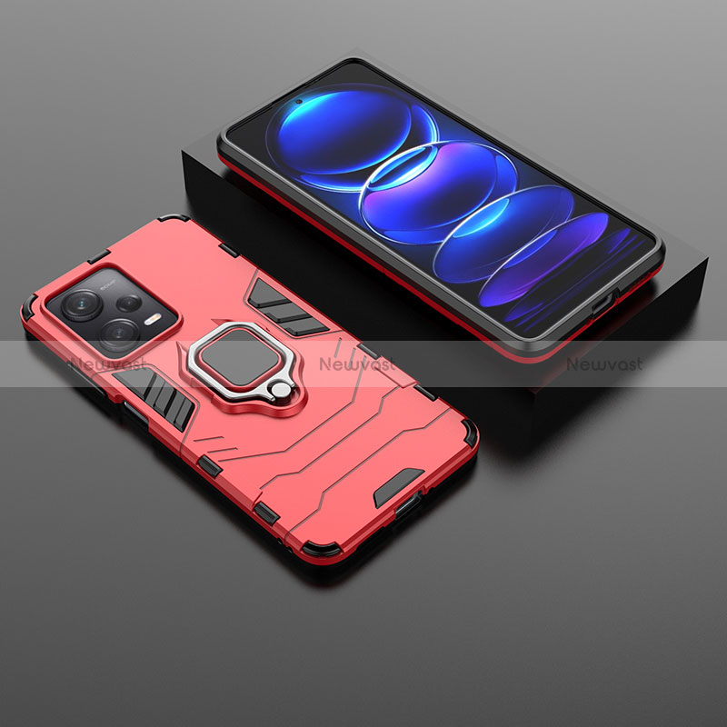 Silicone Matte Finish and Plastic Back Cover Case with Magnetic Finger Ring Stand for Xiaomi Redmi Note 12 Pro 5G Red