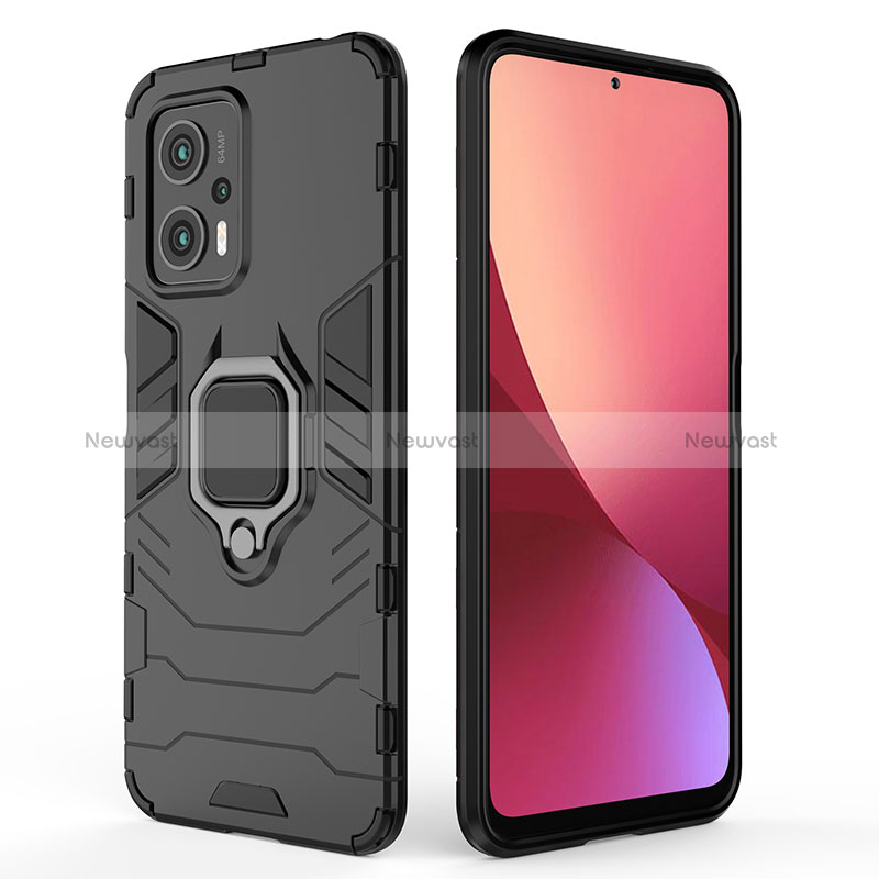 Silicone Matte Finish and Plastic Back Cover Case with Magnetic Finger Ring Stand for Xiaomi Redmi Note 12T Pro 5G