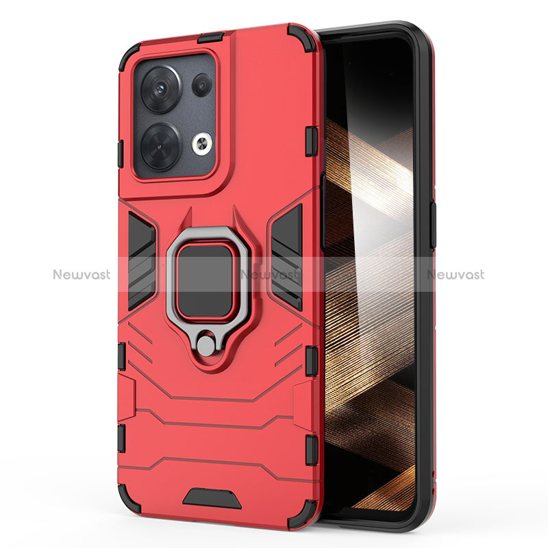 Silicone Matte Finish and Plastic Back Cover Case with Magnetic Finger Ring Stand for Xiaomi Redmi Note 13 5G Red