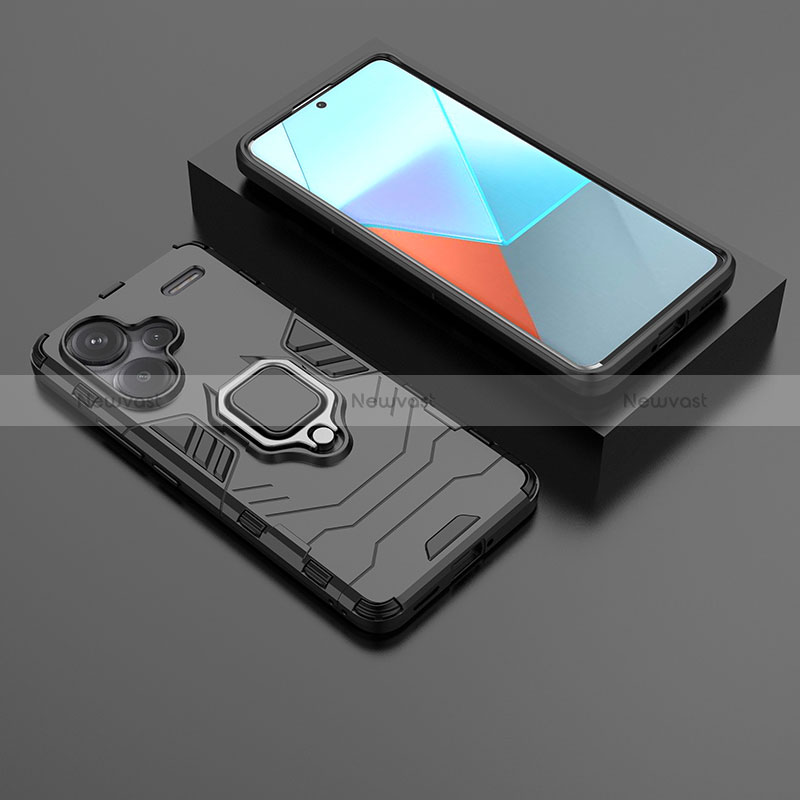 Silicone Matte Finish and Plastic Back Cover Case with Magnetic Finger Ring Stand for Xiaomi Redmi Note 13 Pro+ Plus 5G