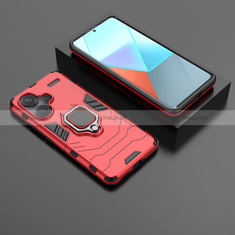 Silicone Matte Finish and Plastic Back Cover Case with Magnetic Finger Ring Stand for Xiaomi Redmi Note 13 Pro+ Plus 5G Red