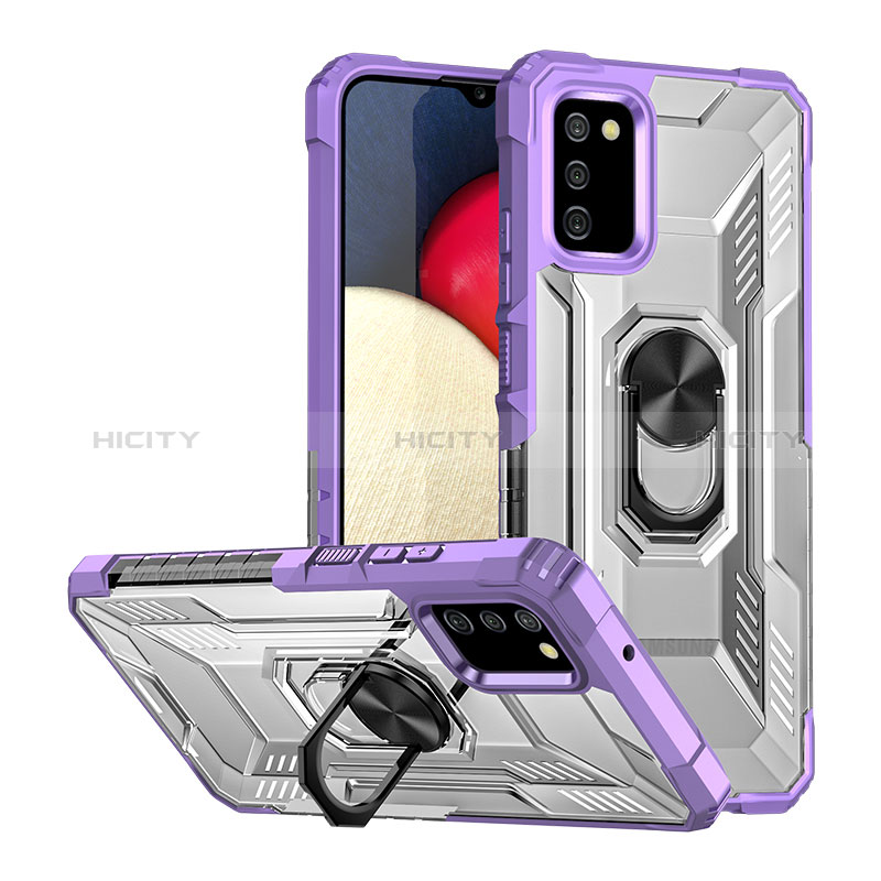 Silicone Matte Finish and Plastic Back Cover Case with Magnetic Finger Ring Stand J01S for Samsung Galaxy A03s Purple