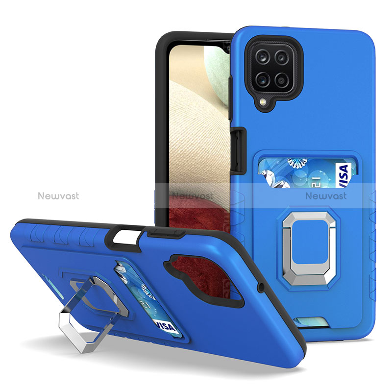 Silicone Matte Finish and Plastic Back Cover Case with Magnetic Finger Ring Stand J01S for Samsung Galaxy A12 5G Blue