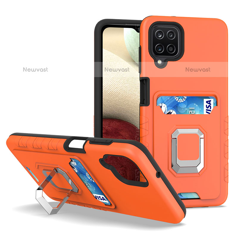 Silicone Matte Finish and Plastic Back Cover Case with Magnetic Finger Ring Stand J01S for Samsung Galaxy A12 Orange